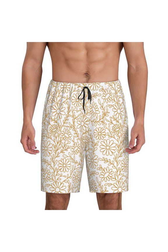 Plant Print Men's Pajama Shorts with Drawstring & Pockets,Sleep Shorts for Men,Sleepwear Bottoms,Elastic Waistband Loungewear-Medium