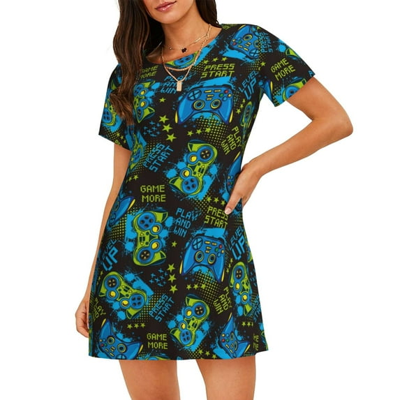 Logiee Play Game Print Nightgowns for Women,Soft Short-Sleeved Lightweight Sleepwear, Loose Sleepshirts