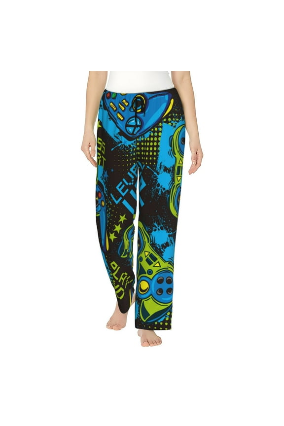 Play Game Print Women Pajama Pants,Comfy Pj Bottom with Pockets & Drawstring,Stretch Casual Sleepwear-Large