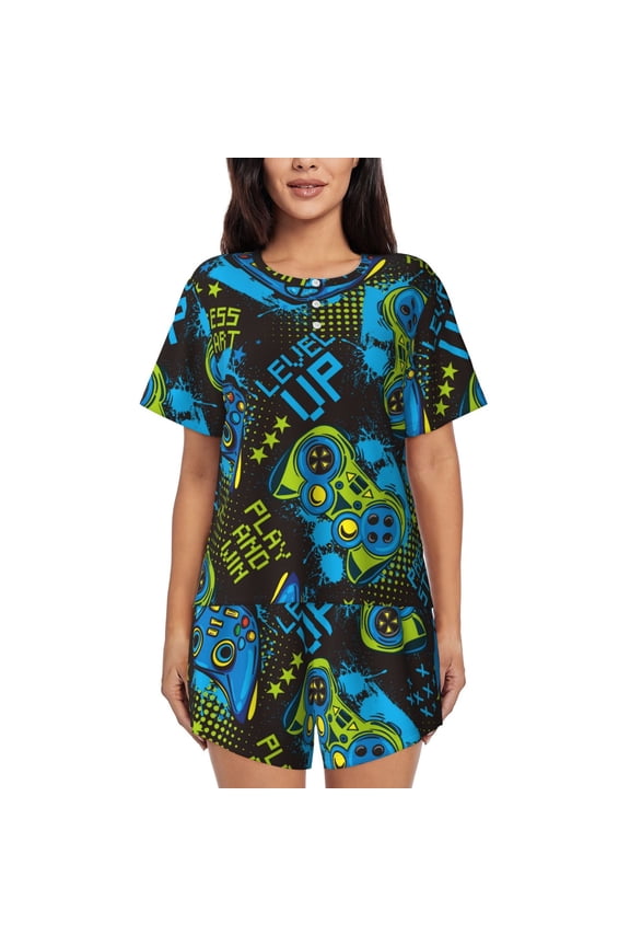Play Game Print Womens Pajamas Set,Short-Sleeve Pajama 2 Piece Sleepwear with Pockets-X-Large
