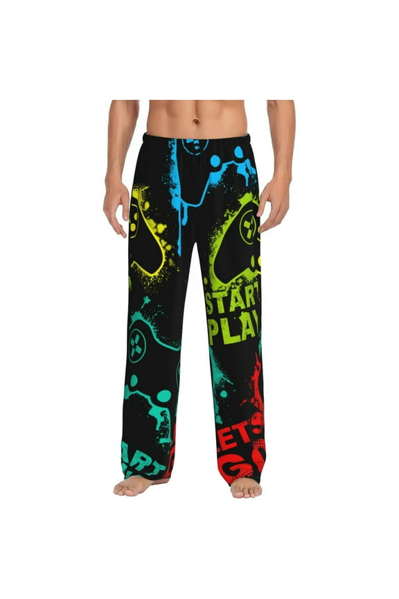 Play Game Start Print Pajama Pants for Men,Men’s Pajama Bottoms,Mens PJ Pants with Pockets & Button Fly-Small