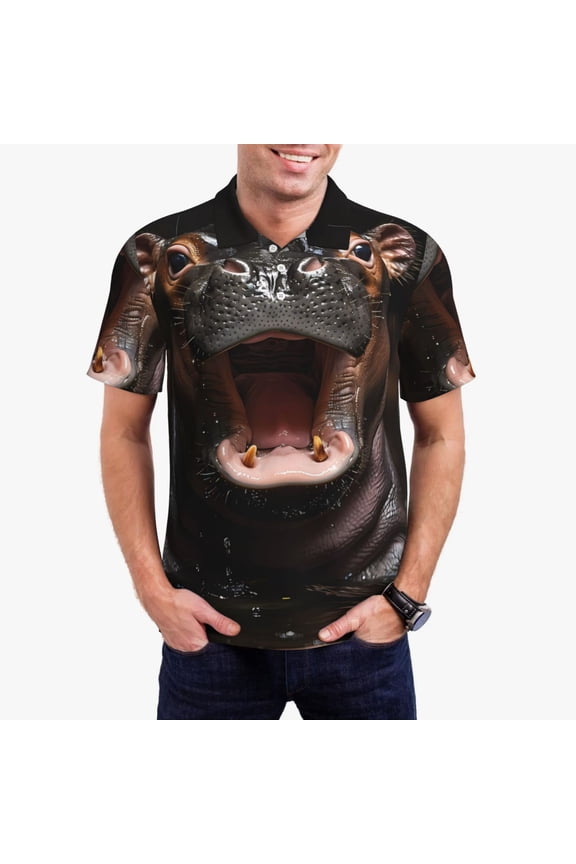 Playful Baby Hippo Splash Print Mens Polo Shirts,Mens Golf Polo Shirts,Short Sleeve Casual Polo Shirts for Men,Summer Fashion Beach Shirts-X-Large