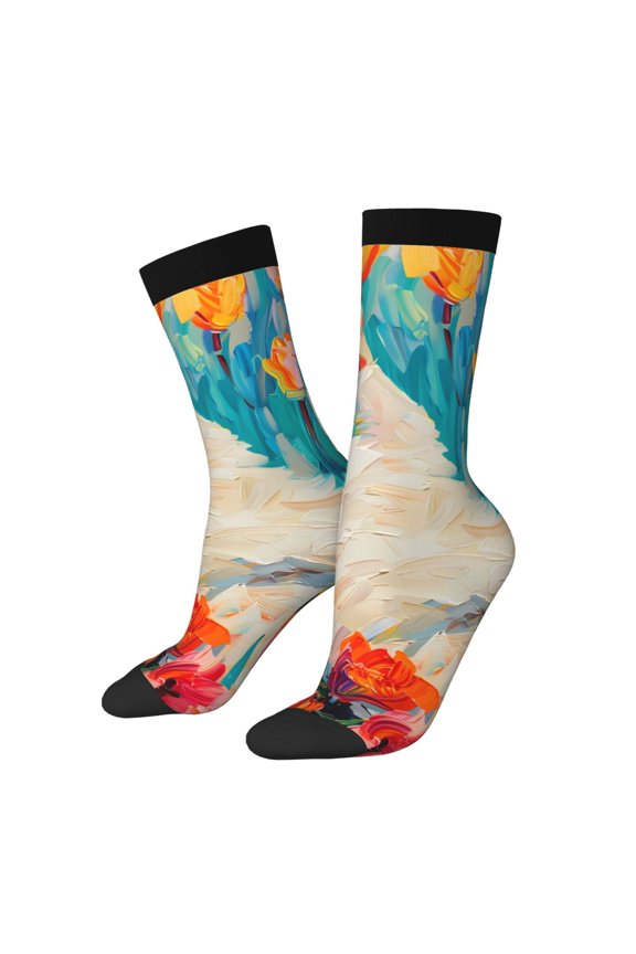 Playful Floral Cat Print Adult Socks for Men & Women,Calf Socks, Ankle Socks,Boots Socks,Breathable Casual Sock,Unisex Crew Socks