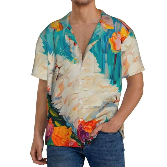 Logiee Playful Floral Cat Print Men's Button Down Shirts Short Sleeve, Summer Beach Shirts,Vacation Wedding Shirts,Men's Casual Button-Down Shirts with Pocket-Medium