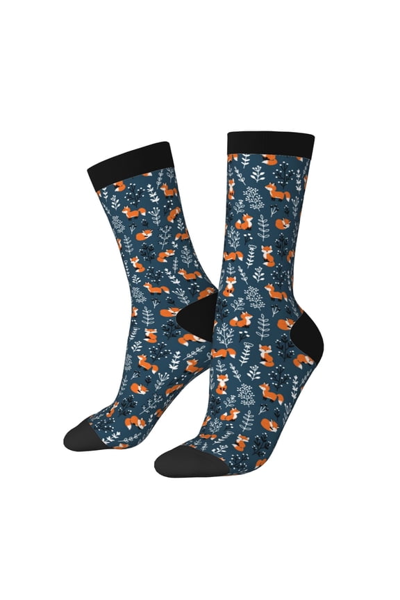 Playful Foxes Forest Blues Print Adult Socks for Men & Women,Calf Socks, Ankle Socks,Boots Socks,Breathable Casual Sock,Unisex Crew Socks