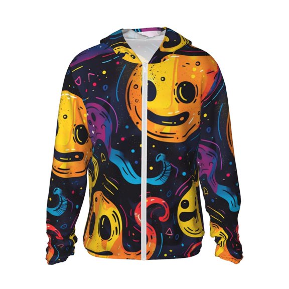 Logiee Playful Ghosts Night Sky Print Men's Women Light Jacket Full Zip Sun Protection Hoodie Long Sleeve Sun Shirts for Men Hiking Fishing Zip Pockets-Large