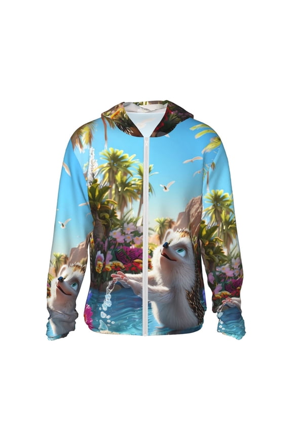 Playful Hedgehog Forest Pond Print Men's Women Light Jacket Full Zip Sun Protection Hoodie Long Sleeve Sun Shirts for Men Hiking Fishing Zip Pockets-Large