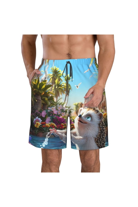 Playful Hedgehog Forest Pond Print Mens Swim Trunks Quick Dry Board Shorts,Breathable Hawaii Beach Shorts Swimwear Bathing Suits-Medium