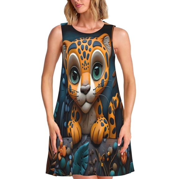 Logiee Playful Leopard Art Print Summer Dresses for Women,Beach Sleeveless Flowy Pocket Tshirt Tank Sundresses,Women's Sleeveless Dress
