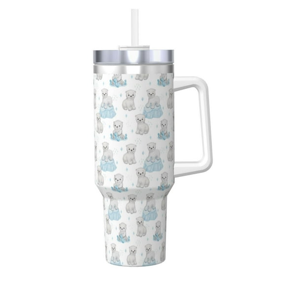 Logiee Playful Polar Bear Pals Print 40OZ Ice Bully Cup with Handle and Straw, Double Wall Stainless Steel Tumbler,Travel Coffee Cup with Lid, Summer Insulation and Cooling Cup