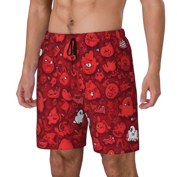 Logiee Playful Red Cartoon Faces Print Men's Swim Trunk,Quick Dry Board Shorts ,Men's Swim Trunks with Compression Liner, Bathing Suits with Pockets-Small