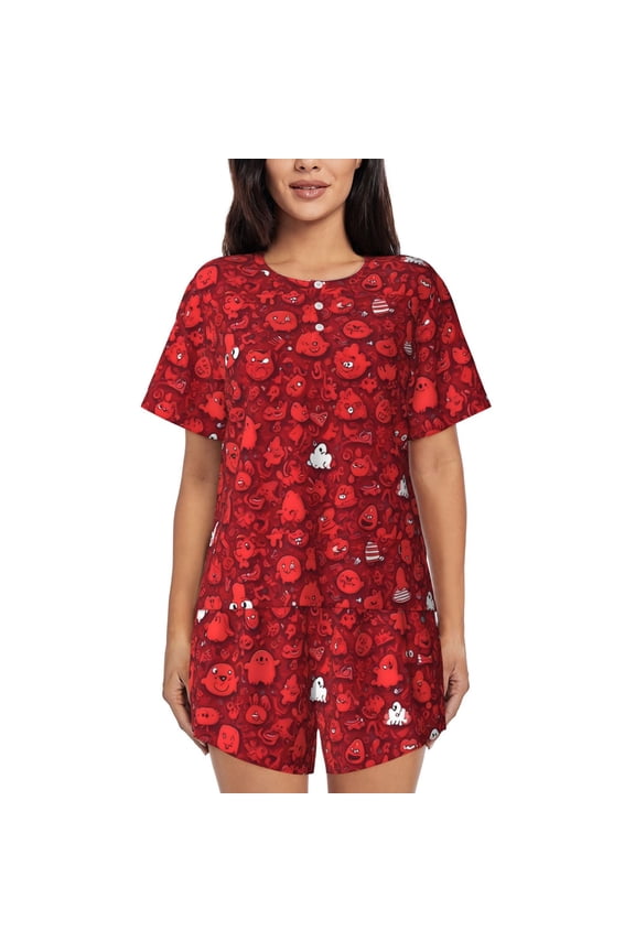 Playful Red Cartoon Faces Print Womens Pajamas Set,Short-Sleeve Pajama 2 Piece Sleepwear with Pockets-Large