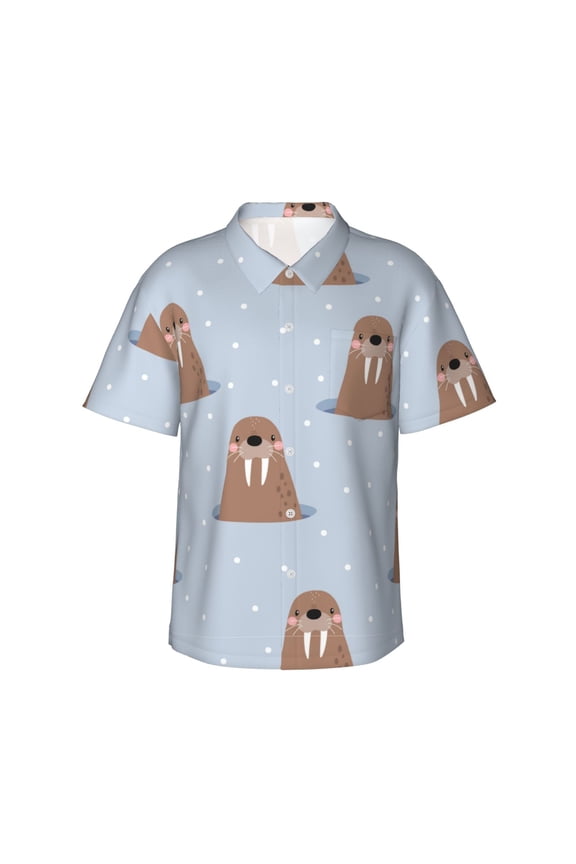 Playful Walrus Wonders Print Mens Hawaiian Shirts,Loose-Fit Short Sleeve Button Down Tropical Aloha Beach Shirt,Summer Vacation Wedding Tops,3X-Large