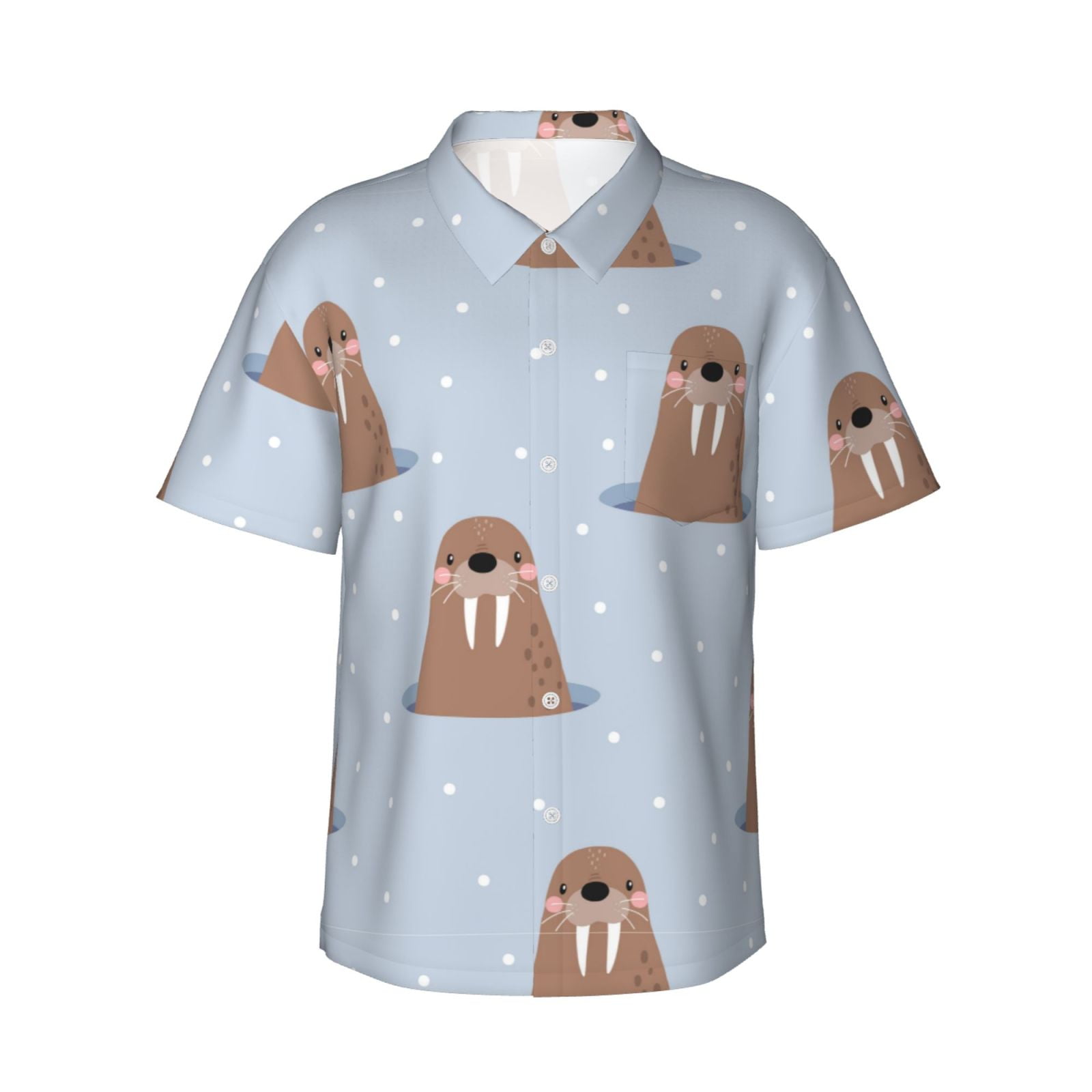 Logiee Playful Walrus Wonders Print Mens Hawaiian Shirts,Loose-Fit Short Sleeve Button Down Tropical Aloha Beach Shirt,Summer Vacation Wedding Tops,3X-Large