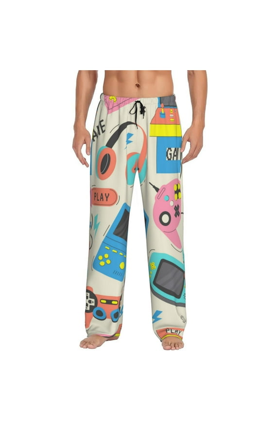 Playing Video Games Print Pajama Pants for Men,Men’s Pajama Bottoms,Mens PJ Pants with Pockets & Button Fly-Small
