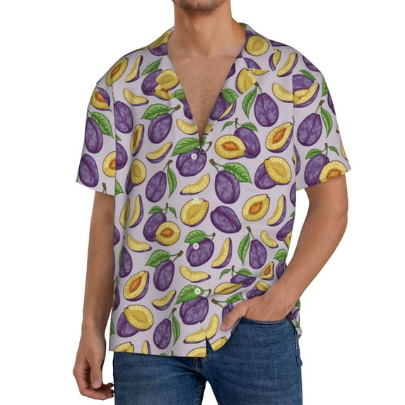 Logiee Plum Print Men's Button Down Shirts Short Sleeve, Summer Beach Shirts,Vacation Wedding Shirts,Men's Casual Button-Down Shirts with Pocket-Medium