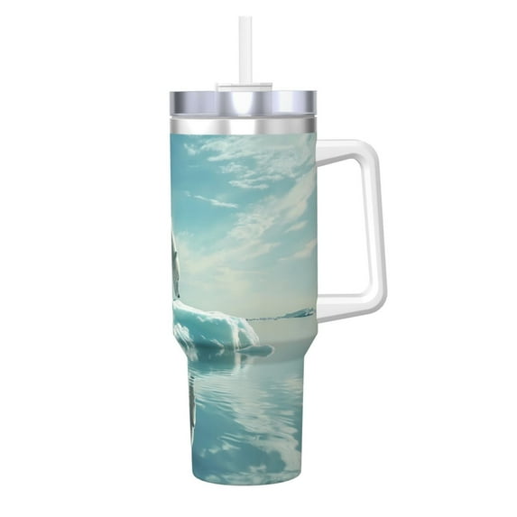 Logiee Polar Bear On Iceberg Print 40OZ Ice Bully Cup with Handle and Straw, Double Wall Stainless Steel Tumbler,Travel Coffee Cup with Lid, Summer Insulation and Cooling Cup