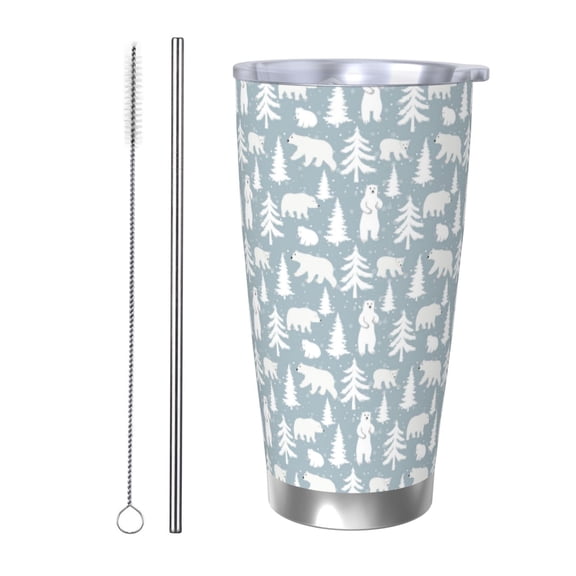 Logiee Polar Bears And Snowy Winter Print 20OZ Car Cup with Lid, Stainless Steel Vacuum Insulated Double Wall Travel Tumbler, Durable Insulated Coffee Mug,Thermal Cup with Straw-Straw Two-piece Set