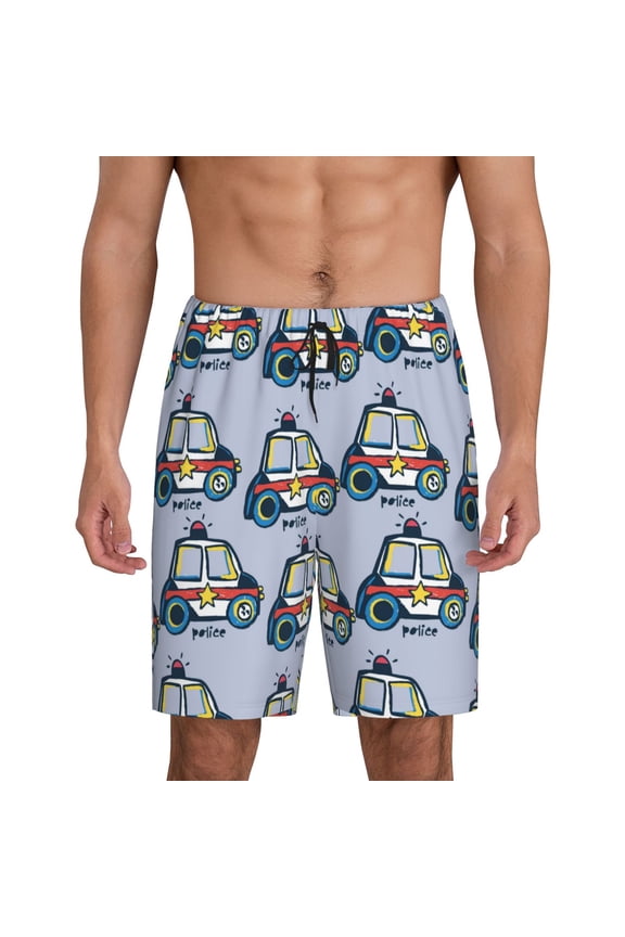 Police Car Print Men's Pajama Shorts with Drawstring & Pockets,Sleep Shorts for Men,Sleepwear Bottoms,Elastic Waistband Loungewear-Medium
