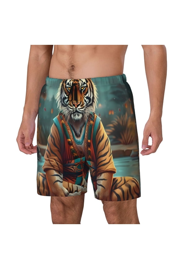 Pond Meditating Tiger Print Men's Swim Trunk,Quick Dry Board Shorts ,Men's Swim Trunks with Compression Liner, Bathing Suits with Pockets-Large