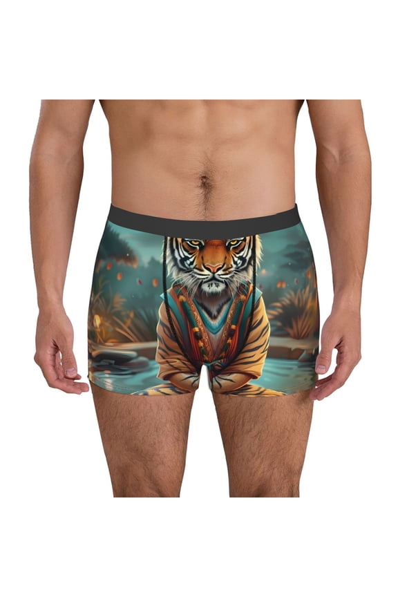 Pond Meditating Tiger Print Mens Boxer Briefs,Boxer Briefs for Men,Breathable Stretch Underwear,Boys Boxer Briefs-Small