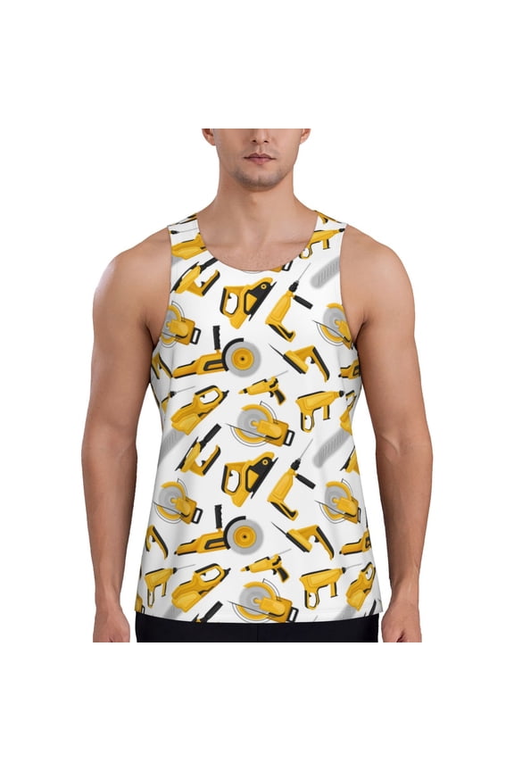 Power Tools Print Men's Workout Tank Top,Quick Dry Workout Tank Top,Gym Muscle Tee,Fitness Bodybuilding Sleeveless T Shirt-X-Large