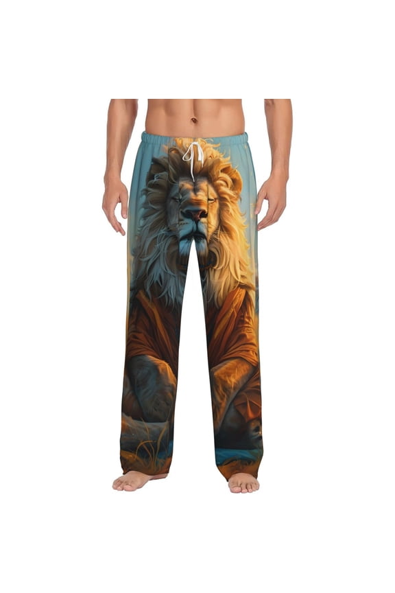 Prairie Meditating Lion Print Pajama Pants for Men,Men’s Pajama Bottoms,Mens PJ Pants with Pockets & Button Fly-3X-Large