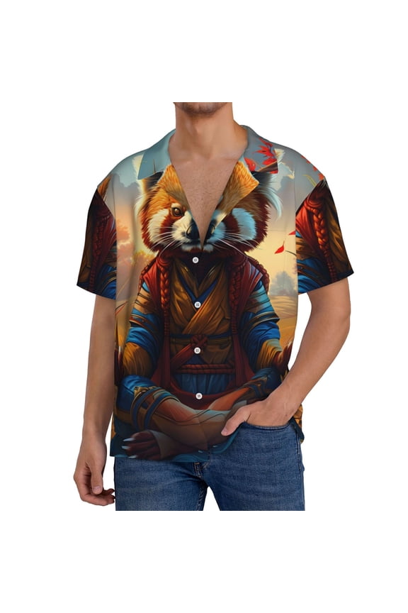 Prairie Meditating Raccoon Print Men's Button Down Shirts Short Sleeve, Summer Beach Shirts,Vacation Wedding Shirts,Men's Casual Button-Down Shirts with Pocket-4X-Large