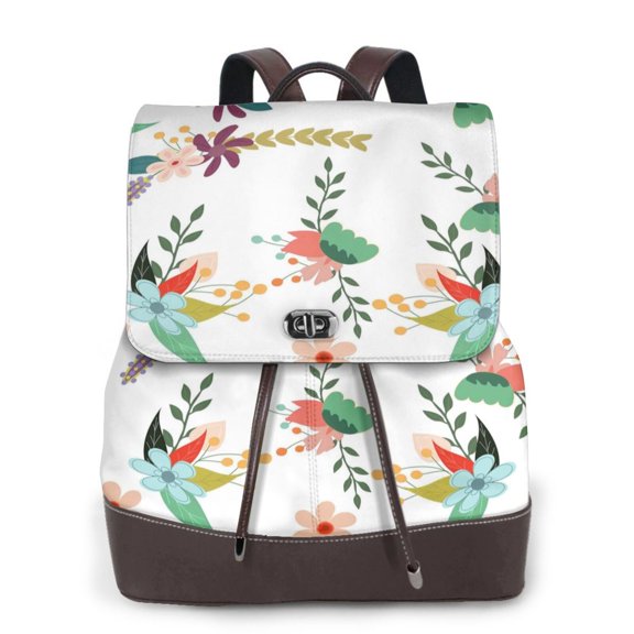 Logiee Pretty Floral With Leaves Print Backpack Purse for Women,Fashion Leather Backpack Purse,Women's Leather Backpack for Work College Travel