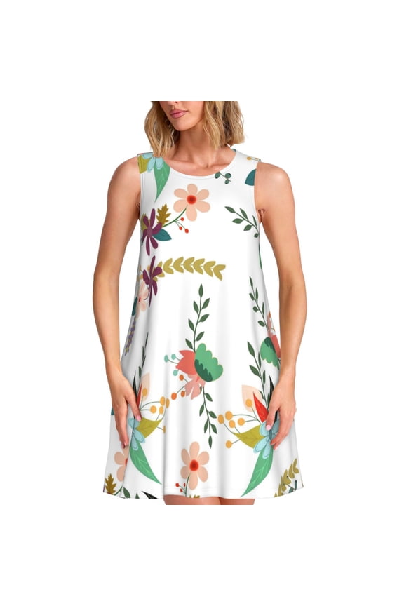 Pretty Floral With Leaves Print Summer Dresses for Women,Beach Sleeveless Flowy Pocket Tshirt Tank Sundresses,Women's Sleeveless Dress