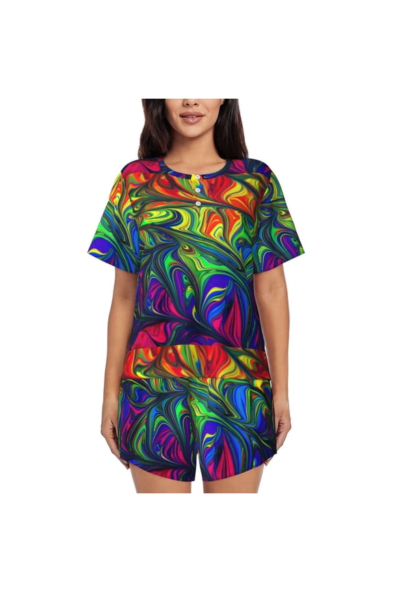 Pride Rainbow Print Womens Pajamas Set,Short-Sleeve Pajama 2 Piece Sleepwear with Pockets-Small
