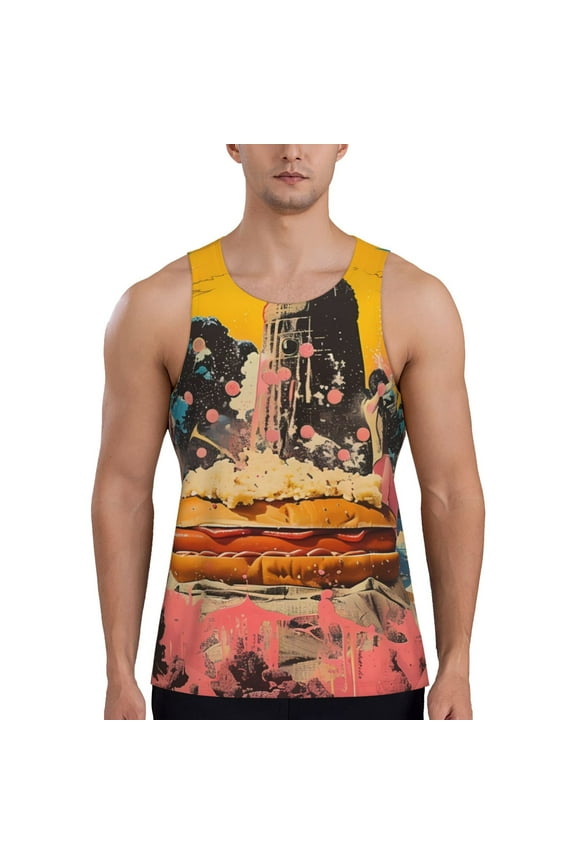 Psychedelic Band Hotdog Art Print Men's Workout Tank Top,Quick Dry Workout Tank Top,Gym Muscle Tee,Fitness Bodybuilding Sleeveless T Shirt-