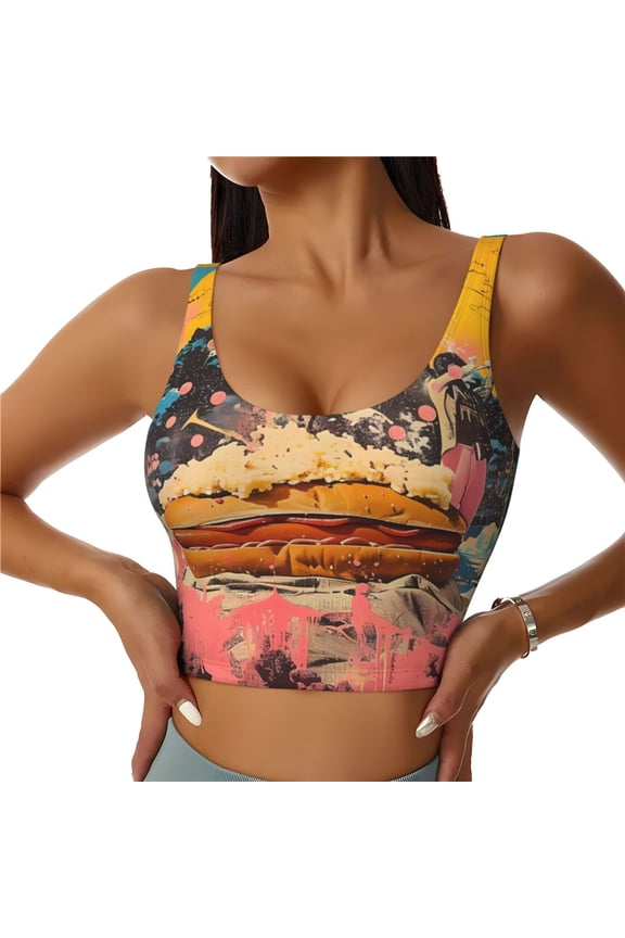 Psychedelic Band Hotdog Art Print Workout Crop Tank Top for Women,Yoga Tank Tops,Athletic Vest,Exercise Undershirts,Sports Bra-Medium