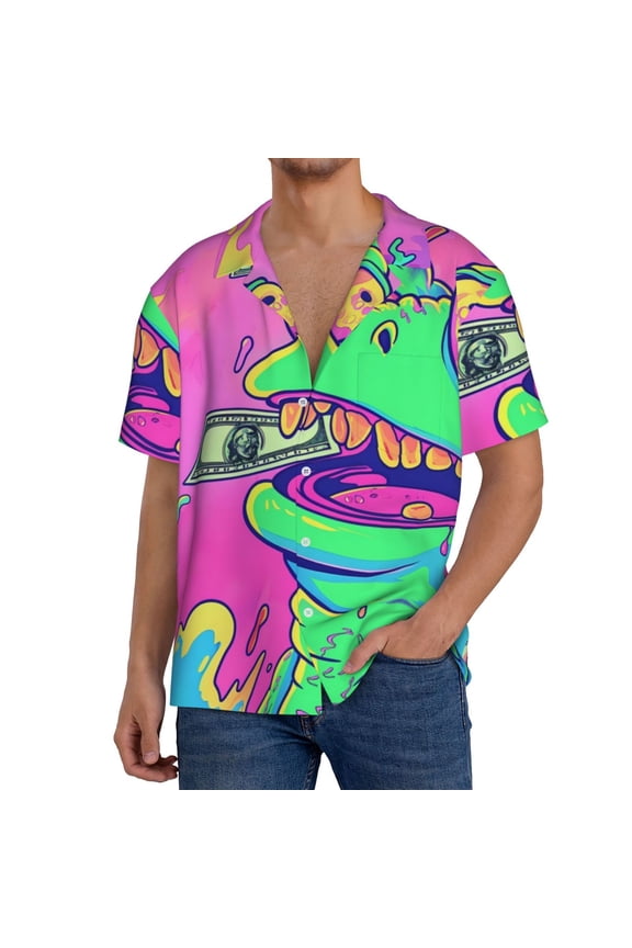 Psychedelic Cartoon Frog Print Men's Button Down Shirts Short Sleeve, Summer Beach Shirts,Vacation Wedding Shirts,Men's Casual Button-Down Shirts with Pocket-X-Large