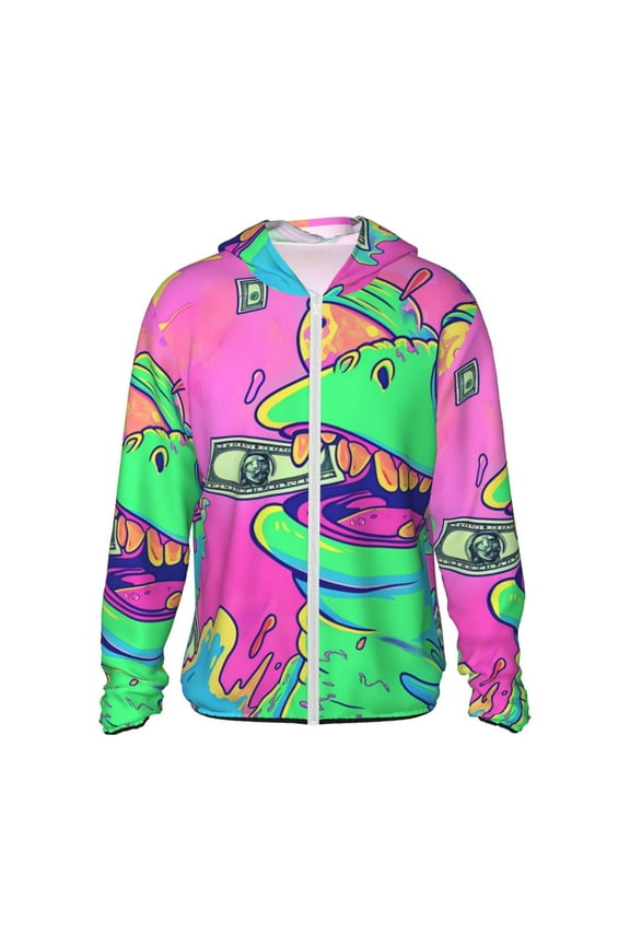 Psychedelic Cartoon Frog Print Men's Women Light Jacket Full Zip Sun Protection Hoodie Long Sleeve Sun Shirts for Men Hiking Fishing Zip Pockets-XX-Large