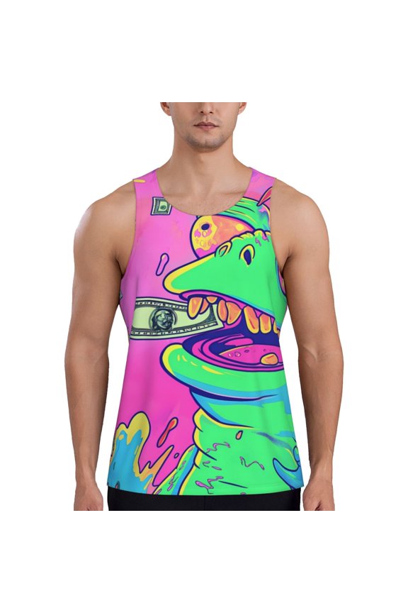 Psychedelic Cartoon Frog Print Men's Workout Tank Top,Quick Dry Workout Tank Top,Gym Muscle Tee,Fitness Bodybuilding Sleeveless T Shirt-X-Large