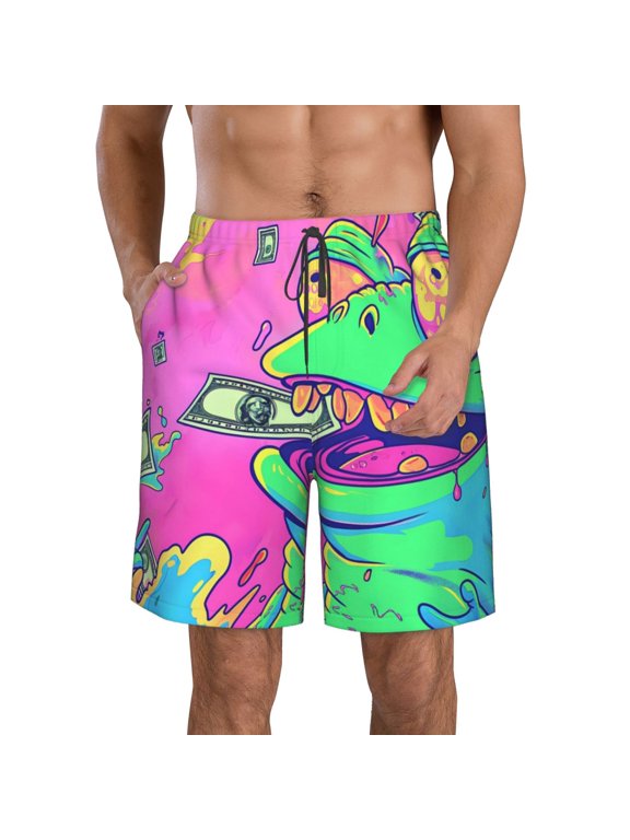 Psychedelic Cartoon Frog Print Mens Swim Trunks Quick Dry Board Shorts,Breathable Hawaii Beach Shorts Swimwear Bathing Suits-Medium
