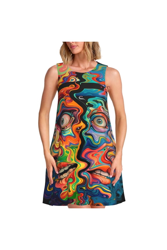Psychedelic Faces Colorful Print Summer Dresses for Women,Beach Sleeveless Flowy Pocket Tshirt Tank Sundresses,Women's Sleeveless Dress