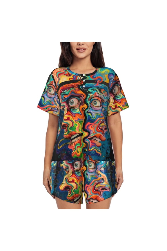 Psychedelic Faces Colorful Print Womens Pajamas Set,Short-Sleeve Pajama 2 Piece Sleepwear with Pockets-X-Large