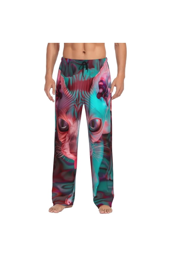 Psychedelic Hairless Cat Print Pajama Pants for Men,Men’s Pajama Bottoms,Mens PJ Pants with Pockets & Button Fly-Medium