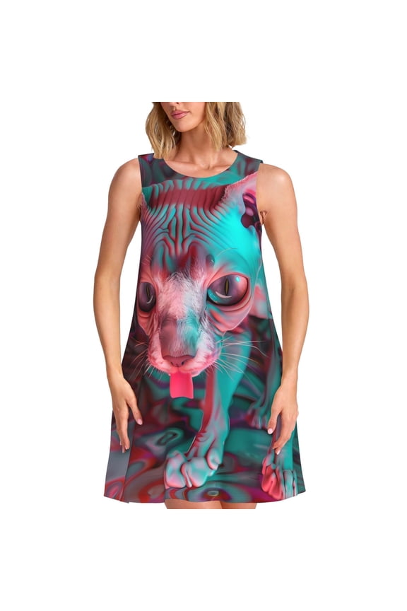 Psychedelic Hairless Cat Print Summer Dresses for Women,Beach Sleeveless Flowy Pocket Tshirt Tank Sundresses,Women's Sleeveless Dress