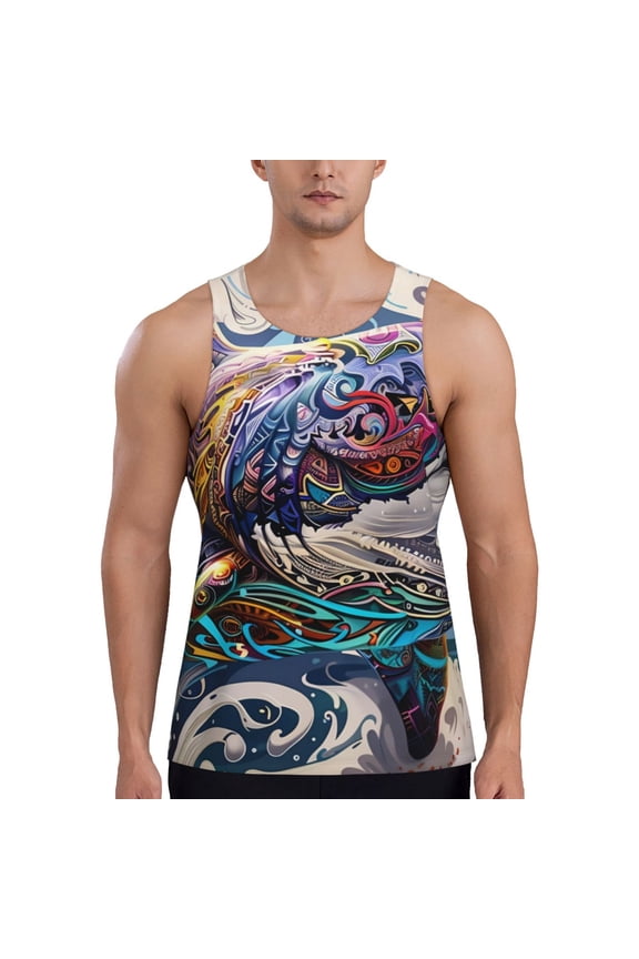 Psychedelic Shark Artwork Print Men's Workout Tank Top,Quick Dry Workout Tank Top,Gym Muscle Tee,Fitness Bodybuilding Sleeveless T Shirt-Medium