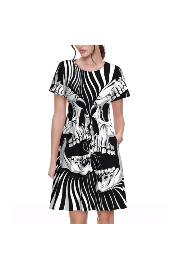 Psychedelic Skull Illusion Art Print Womens Summer Dress,Casual Short Sleeve Sundresses,Beach A-line Shift Dress with Pockets