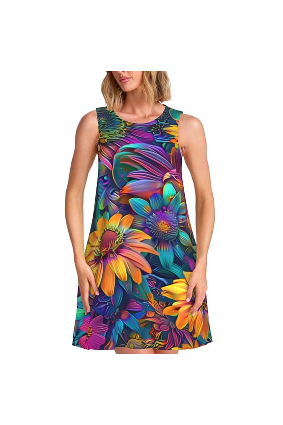 Psychedelic Sunflowers Print Summer Dresses for Women,Beach Sleeveless Flowy Pocket Tshirt Tank Sundresses,Women's Sleeveless Dress