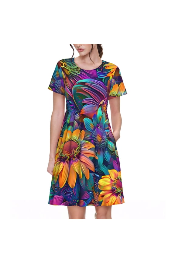 Psychedelic Sunflowers Print Womens Summer Dress,Casual Short Sleeve Sundresses,Beach A-line Shift Dress with Pockets