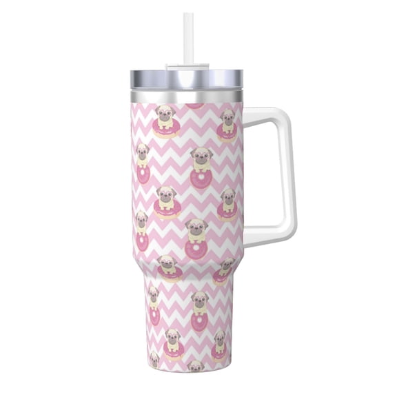 Logiee Pug And Donut Print 40OZ Ice Bully Cup with Handle and Straw, Double Wall Stainless Steel Tumbler,Travel Coffee Cup with Lid, Summer Insulation and Cooling Cup