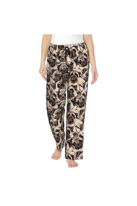 Pug Print Women Pajama Pants,Comfy Pj Bottom with Pockets & Drawstring,Stretch Casual Sleepwear-Small