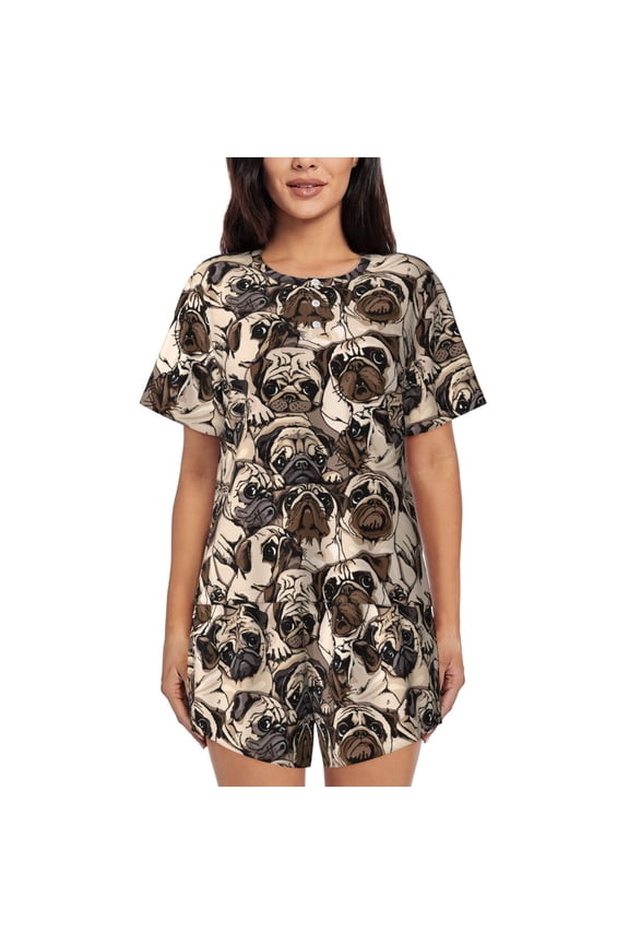 Pug Print Womens Pajamas Set,Short-Sleeve Pajama 2 Piece Sleepwear with Pockets-X-Large