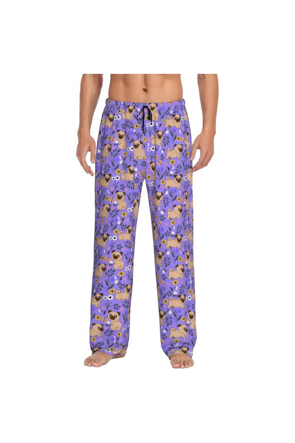 Pugs and Flowers Print Pajama Pants for Men,Men’s Pajama Bottoms,Mens PJ Pants with Pockets & Button Fly-Small