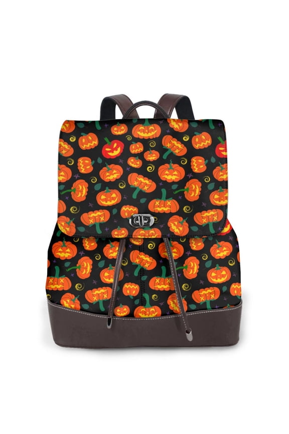 Logiee Pumpkin Fallen Leaves Print Backpack Purse for Women,Fashion Leather Backpack Purse,Women's Leather Backpack for Work College Travel